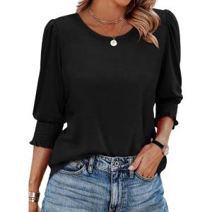 XIEERDUO Blouses for Women Dressy Casual 3/4 Length Sleeve Womens Tops with Smocked Cuffs(B-black)