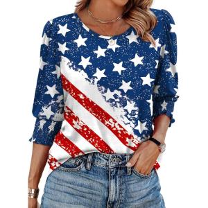 XIEERDUO Blouses for Women Dressy Casual 3/4 Length Sleeve Womens Tops with Smocked Cuffs(C-flag)