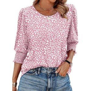 XIEERDUO Blouses for Women Dressy Casual 3/4 Length Sleeve Womens Tops with Smocked Cuffs(D-pink Dot)