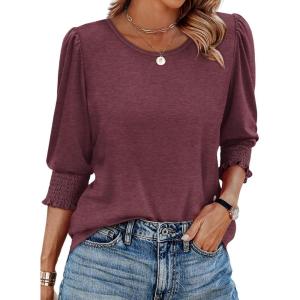 XIEERDUO Blouses for Women Dressy Casual 3/4 Length Sleeve Womens Tops with Smocked Cuffs(E-burgundy)