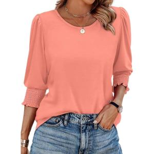 XIEERDUO Blouses for Women Dressy Casual 3/4 Length Sleeve Womens Tops with Smocked Cuffs(E-coral)