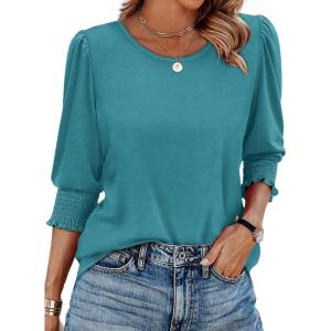 XIEERDUO Blouses for Women Dressy Casual 3/4 Length Sleeve Womens Tops with Smocked Cuffs(E-grey Blue)