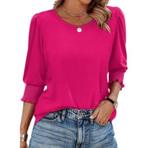 XIEERDUO Blouses for Women Dressy Casual 3/4 Length Sleeve Womens Tops with Smocked Cuffs(E-hot Pink)