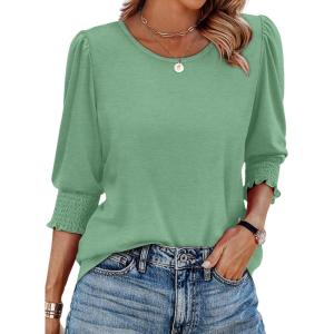 XIEERDUO Blouses for Women Dressy Casual 3/4 Length Sleeve Womens Tops with Smocked Cuffs(E-pea Green)