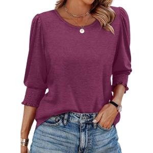 XIEERDUO Blouses for Women Dressy Casual 3/4 Length Sleeve Womens Tops with Smocked Cuffs(E-purple Red)