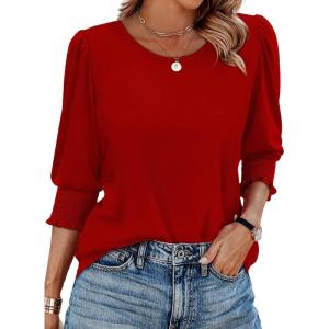 XIEERDUO Blouses for Women Dressy Casual 3/4 Length Sleeve Womens Tops with Smocked Cuffs(F-red)
