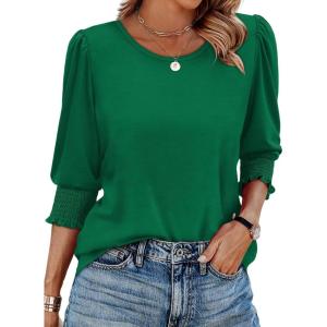 XIEERDUO Blouses for Women Dressy Casual 3/4 Length Sleeve Womens Tops with Smocked Cuffs(G-green)