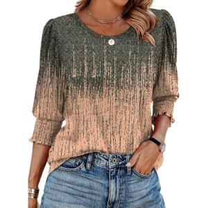 XIEERDUO Blouses for Women Dressy Casual 3/4 Length Sleeve Womens Tops with Smocked Cuffs(G-grey Pink)