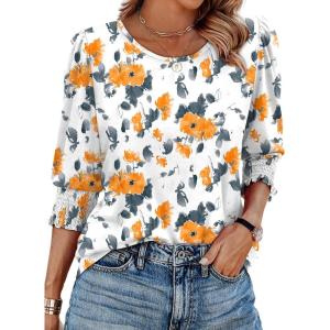 XIEERDUO Blouses for Women Dressy Casual 3/4 Length Sleeve Womens Tops with Smocked Cuffs(I-yellow Floral)