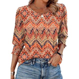 XIEERDUO Blouses for Women Dressy Casual 3/4 Length Sleeve Womens Tops with Smocked Cuffs(K-boho)