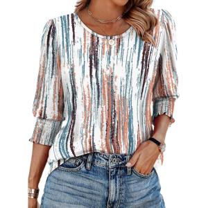 XIEERDUO Blouses for Women Dressy Casual 3/4 Length Sleeve Womens Tops with Smocked Cuffs(M-tiedye)