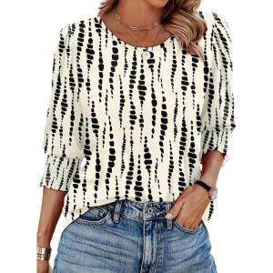 XIEERDUO Blouses for Women Dressy Casual 3/4 Length Sleeve Womens Tops with Smocked Cuffs(N-spot Print)