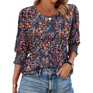 XIEERDUO Blouses for Women Dressy Casual 3/4 Length Sleeve Womens Tops with Smocked Cuffs(O-purple Orange Flower)