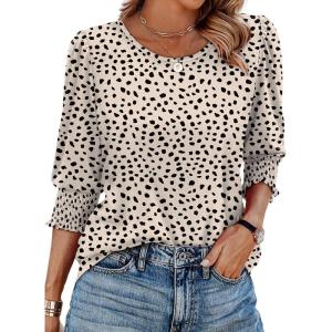 XIEERDUO Blouses for Women Dressy Casual 3/4 Length Sleeve Womens Tops with Smocked Cuffs(P-apricot Dot)