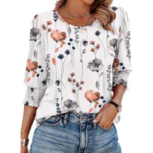 XIEERDUO Blouses for Women Dressy Casual 3/4 Length Sleeve Womens Tops with Smocked Cuffs(Q-white Floral)