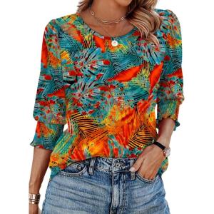 XIEERDUO Blouses for Women Dressy Casual 3/4 Length Sleeve Womens Tops with Smocked Cuffs(S-tropical Leaves)