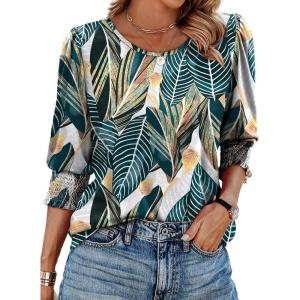XIEERDUO Blouses for Women Dressy Casual 3/4 Length Sleeve Womens Tops with Smocked Cuffs(T-palm Leaves)