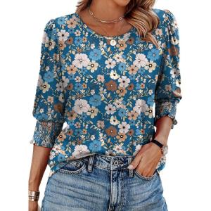 XIEERDUO Blouses for Women Dressy Casual 3/4 Length Sleeve Womens Tops with Smocked Cuffs(U-blue Floral)