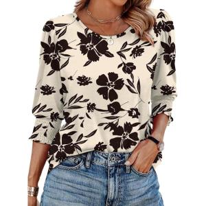 XIEERDUO Blouses for Women Dressy Casual 3/4 Length Sleeve Womens Tops with Smocked Cuffs(V-beige Black Floral)