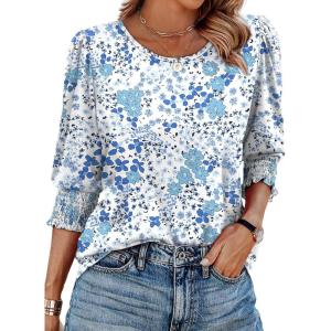 XIEERDUO Blouses for Women Dressy Casual 3/4 Length Sleeve Womens Tops with Smocked Cuffs(V-light Blue Floral)