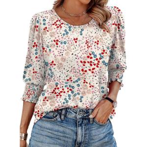 XIEERDUO Blouses for Women Dressy Casual 3/4 Length Sleeve Womens Tops with Smocked Cuffs(V-light Pink Floral)