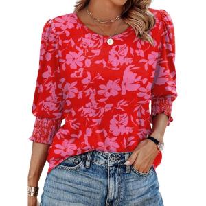 XIEERDUO Blouses for Women Dressy Casual 3/4 Length Sleeve Womens Tops with Smocked Cuffs(V-red Pink Floral)