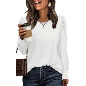 XIEERDUO Blouses for Women Dressy Casual Long Sleeve Shirts Fashion Clothing Puff Sleeve Tunic Tops with Smocked Cuffs(A-white)