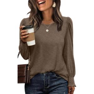 XIEERDUO Blouses for Women Dressy Casual Long Sleeve Shirts Fashion Clothing Puff Sleeve Tunic Tops with Smocked Cuffs(C-coffee)