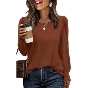 XIEERDUO Blouses for Women Dressy Casual Long Sleeve Shirts Fashion Clothing Puff Sleeve Tunic Tops with Smocked Cuffs(D-caramel)
