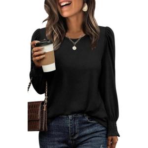 XIEERDUO Blouses for Women Dressy Casual Long Sleeve Shirts Fashion Clothing Puff Sleeve Tunic Tops with Smocked Cuffs(E-black)