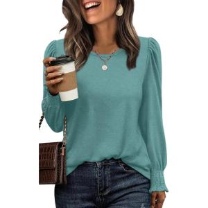 XIEERDUO Blouses for Women Dressy Casual Long Sleeve Shirts Fashion Clothing Puff Sleeve Tunic Tops with Smocked Cuffs(F-blue Green)