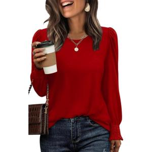 XIEERDUO Blouses for Women Dressy Casual Long Sleeve Shirts Fashion Clothing Puff Sleeve Tunic Tops with Smocked Cuffs(G-red)
