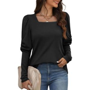 XIEERDUO Long Sleeve Shirts For Women Tunic Tops Puff Sleeve Shirt Square Neck Top