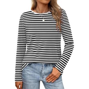 XIEERDUO Long Sleeve Shirts for Women Casual Crew Neck Basic Fall Tops Loose Fit Comfy(Black Striped)