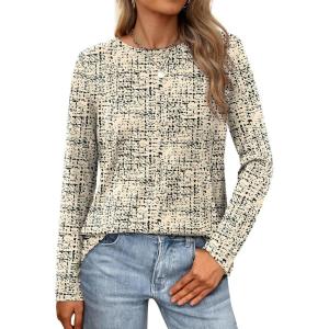 XIEERDUO Long Sleeve Shirts for Women Casual Crew Neck Basic Fall Tops Loose Fit Comfy(D Black Print)