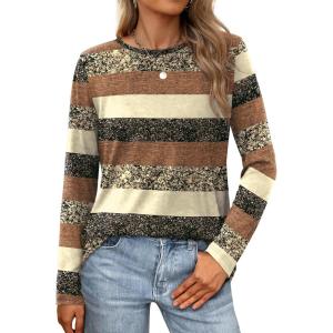 XIEERDUO Long Sleeve Shirts for Women Casual Crew Neck Basic Fall Tops Loose Fit Comfy(D Brown Striped)