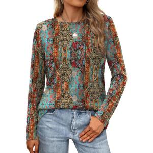 XIEERDUO Long Sleeve Shirts for Women Casual Crew Neck Basic Fall Tops Loose Fit Comfy(D Ethnic Boho)