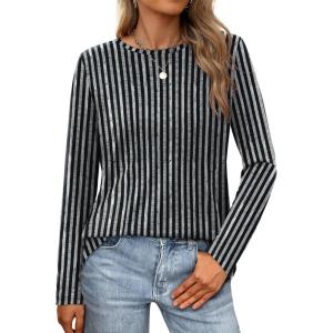 XIEERDUO Long Sleeve Shirts for Women Casual Crew Neck Basic Fall Tops Loose Fit Comfy(D Striped)