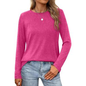 XIEERDUO Long Sleeve Shirts for Women Casual Crew Neck Basic Fall Tops Loose Fit Comfy(Hot Pink)