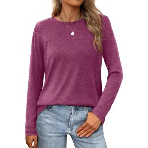 XIEERDUO Long Sleeve Shirts for Women Casual Crew Neck Basic Fall Tops Loose Fit Comfy(Maroon)