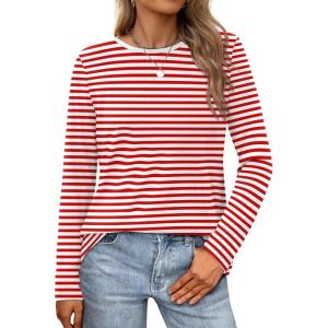 XIEERDUO Long Sleeve Shirts for Women Casual Crew Neck Basic Fall Tops Loose Fit Comfy(Red Striped)