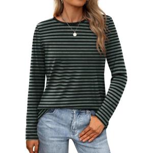 XIEERDUO Long Sleeve Shirts for Women Casual Crew Neck Basic Fall Tops Loose Fit Comfy(Striped Green)
