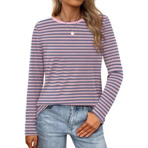 XIEERDUO Long Sleeve Shirts for Women Casual Crew Neck Basic Fall Tops Loose Fit Comfy(Striped Pink)