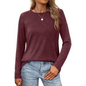 XIEERDUO Long Sleeve Shirts for Women Casual Crew Neck Basic Fall Tops Loose Fit Comfy(Wine Red)
