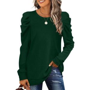 XIEERDUO Long Sleeve Shirts for Women Puff Sleeve Tops Pullover Sweaters Fall Fashion Women’s Clothing Loose Fit(01a-dark Green)