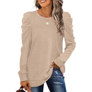 XIEERDUO Long Sleeve Shirts for Women Puff Sleeve Tops Pullover Sweaters Fall Fashion Women’s Clothing Loose Fit(01a-khaki)