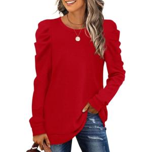 XIEERDUO Long Sleeve Shirts for Women Puff Sleeve Tops Pullover Sweaters Fall Fashion Women’s Clothing Loose Fit(01a-light Red)