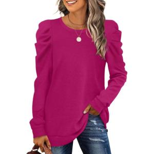 XIEERDUO Long Sleeve Shirts for Women Puff Sleeve Tops Pullover Sweaters Fall Fashion Women’s Clothing Loose Fit(04a-deep Pink)