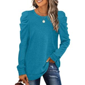 XIEERDUO Long Sleeve Shirts for Women Puff Sleeve Tops Pullover Sweaters Fall Fashion Women’s Clothing Loose Fit(04a-deep Sky Blue)