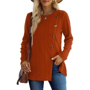XIEERDUO Long Sleeve Tops for Women Tunics Buttons Front Slit(A- Caramel)